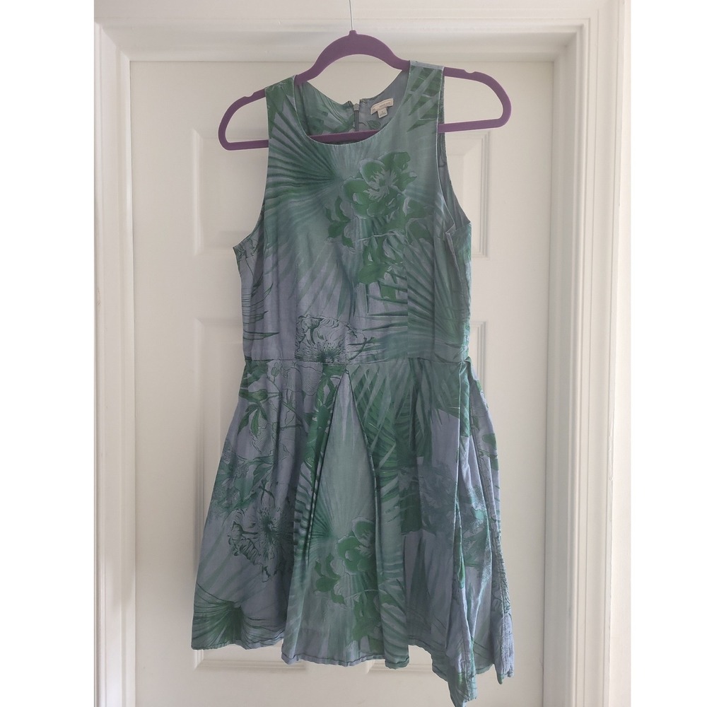 Gap Womens Tropical Palm Leaf Print Cotton Fit and Flare Dress Green Pockets  6